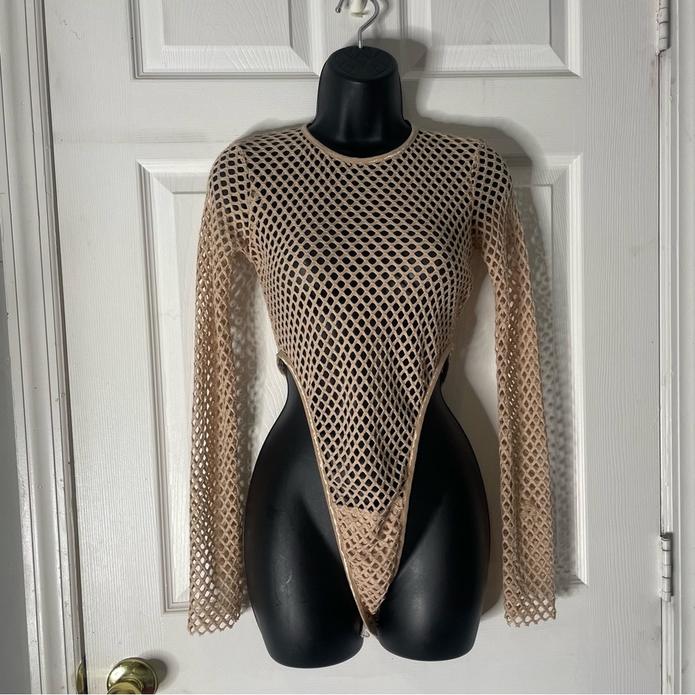 Beige Fishnet Long-Sleeve Bodysuit